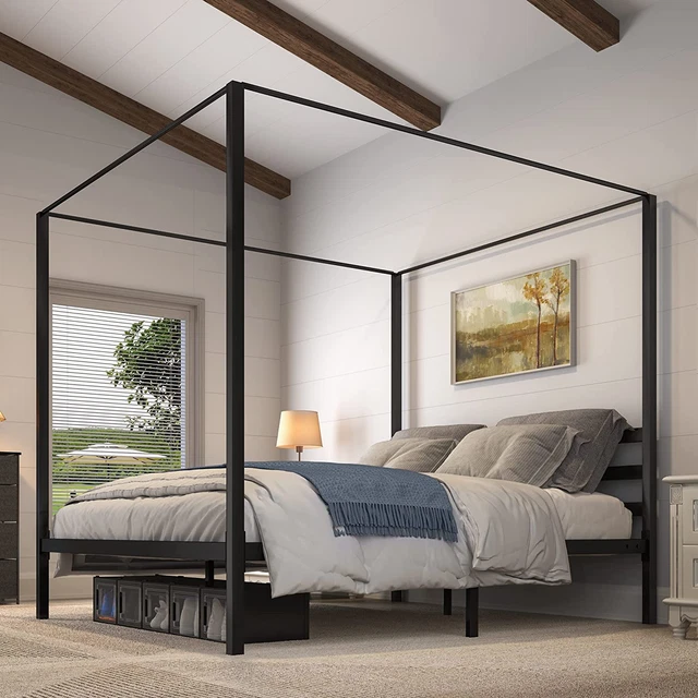 Metal Four Poster Canopy Bed Frame 14 Inch Platform with Built-In Headboard Stro