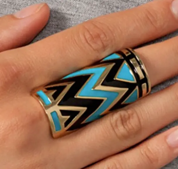 HOUSE of HARLOW TURQUOISE BLACK GOLD ENAMEL KNUCKLE STATEMENT RING 5 6 7 8