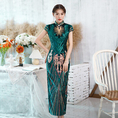 Luxurious Chinese Emerald Green and Gold Sequin Long Dress Cheongsam Qipao