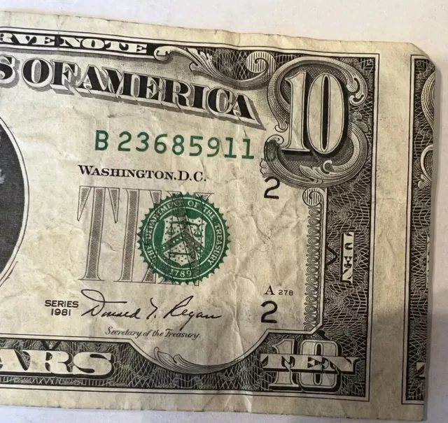 B Series Ten Dollar Bill $10 Off Center Cut Incorrectly Cut