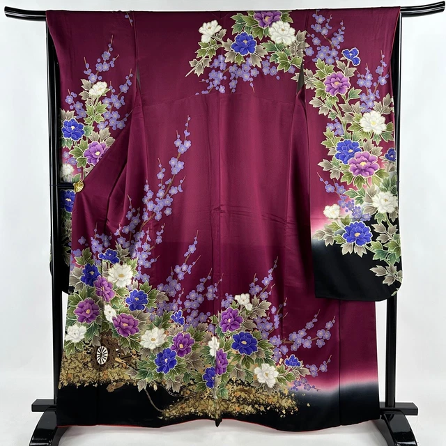 Japanese Silk Kimono Vintage Furisode Gold Gorgeous Purple Thread Flower 64in