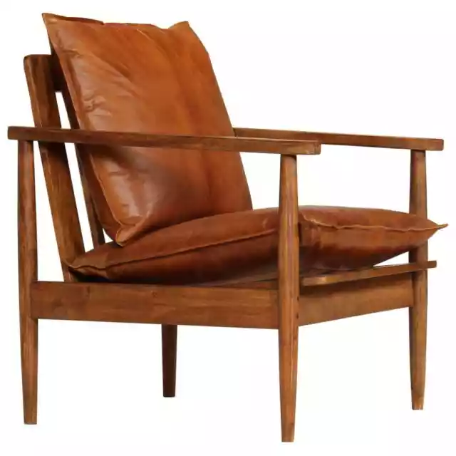 vidaXL Armchair Brown Real Leather with Acacia Wood 2