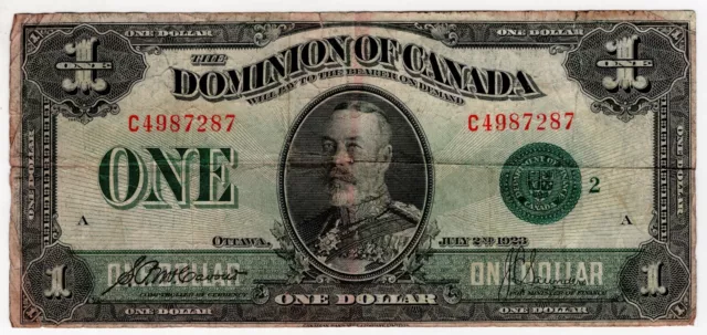 1923 Dominion Of Canada One 1 Dollar Green Seal Large Size Bank Note C4987287