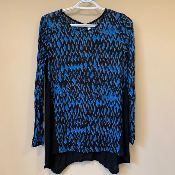 Kensie Women's Size M Long-Sleeve Zigzag-Print Top NWT Blue Black