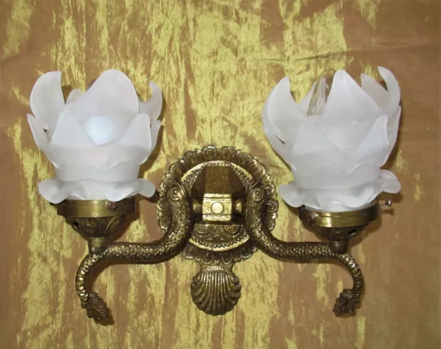 VTG KOI FISH CAST BRASS GLASS SHADE SCONCE / CHANDELIER WALL FIXTURE 50's