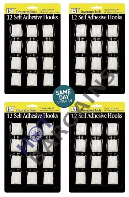 SELF ADHESIVE HOOKS 48pk White Plastic Strong Sticky Stick on Wall