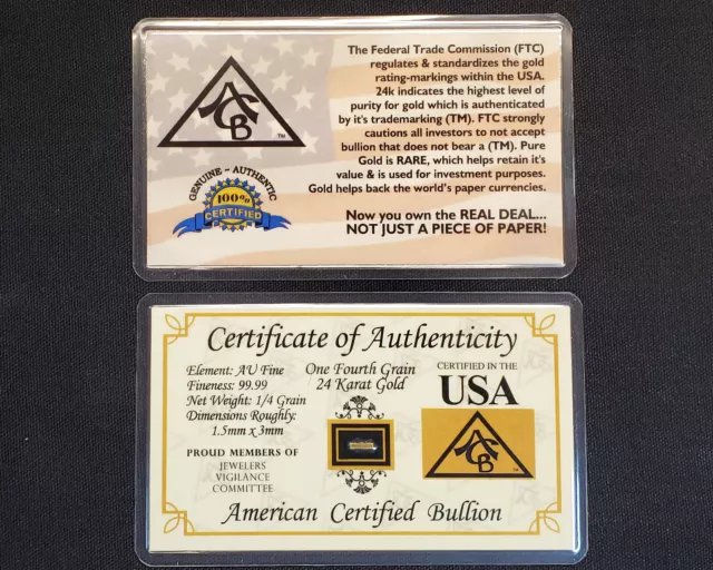 Gold Bar Acb 1/4Grain 24K Solid Bullion Minted  9999 Fine Cert/Authenticity.