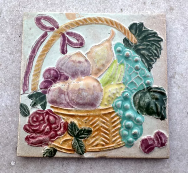 Antique Old Collectible Tile Majolica Art Nouveau Porcelain Fruit Basket Design
