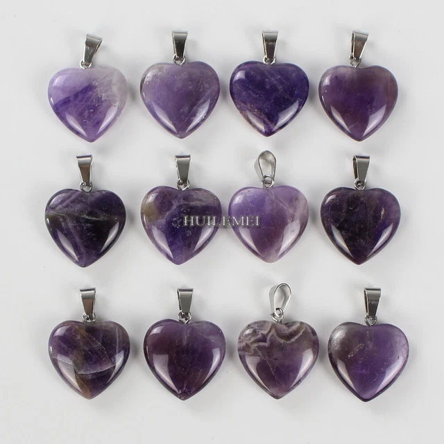 10pcs Natural Amethyst Stone Gems Heart Pendant Beads Reiki Chakra Healing Stone