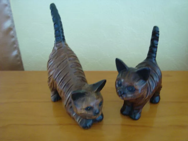 Handmade Acacia Wood Cats - Crouching or standing