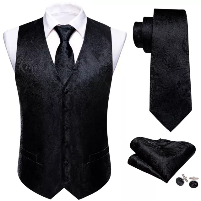 Formal Wedding Casual Mens Waistcoat Black Paisley Silk Vest Tie Set Gilet Suit