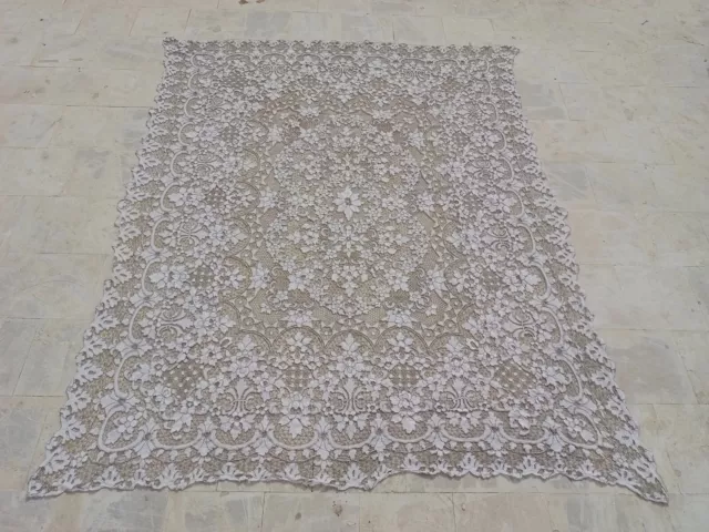 Antique stunning hand embroidered linen lace table cloth 7'9"×6'5" Feet