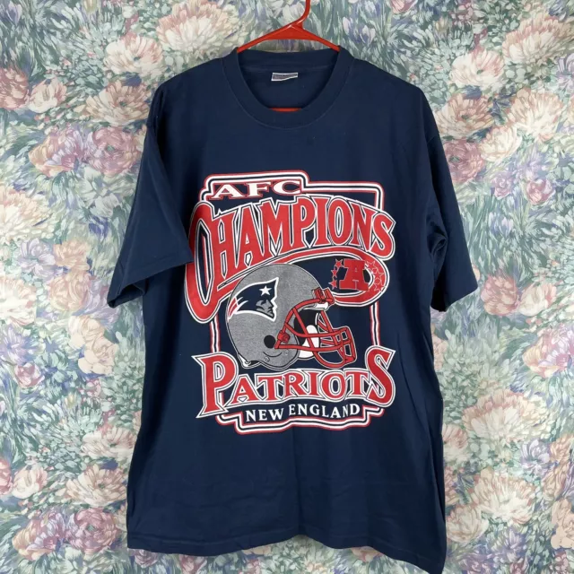 New England Patriots AFC Champions Navy Blue NFL T-Shirt XL Y2K Big Graphic