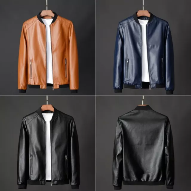 Men Faux Leather Bomber Jacket Biker Coat Top Outwear Casual Zip Black New