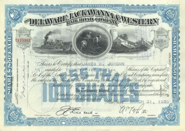 Delaware, Lackawanna and Western Railroad - Railway Stock Certificate - Railroad