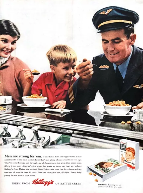 1956 Kellogg's Corn Flakes Cereal Vintage Print Ad Pilot With Family