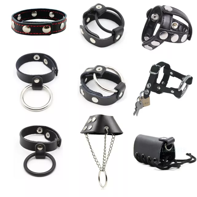 Leather Chastity Cage Scrotum Ball Stretcher Harness Ring Time Delay Enhancer SM