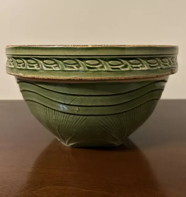 HTF Antique McCoy YellowWare Pottery Large Green Sunrise Crock Mixing Bowl #10 3