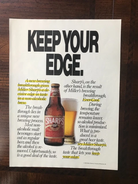 1990 VINTAGE ORIGINAL print ad Miller Sharp’s Non-Alcoholic Brew Keep ...
