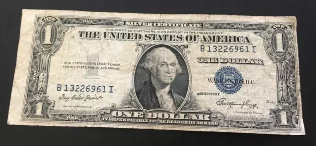 1935 E Silver Certificate $1.00 note wide left side margin ERROR BI block