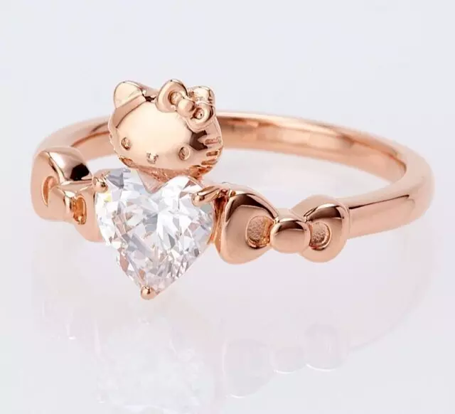 Hello Kitty Heart & Ribbon Wedding Ring Simulated Diamond 14K Rose Gold Plated