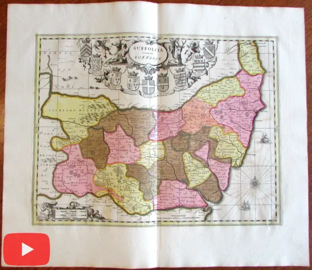 Suffolcia Suffolk Ipswich England U.K. Britain c.1700 old antique color map