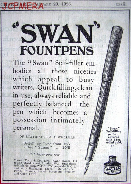 'SWAN FOUNTPENS' Fountain Pen Advert #5 - Small Art Deco Era 1926 Print AD