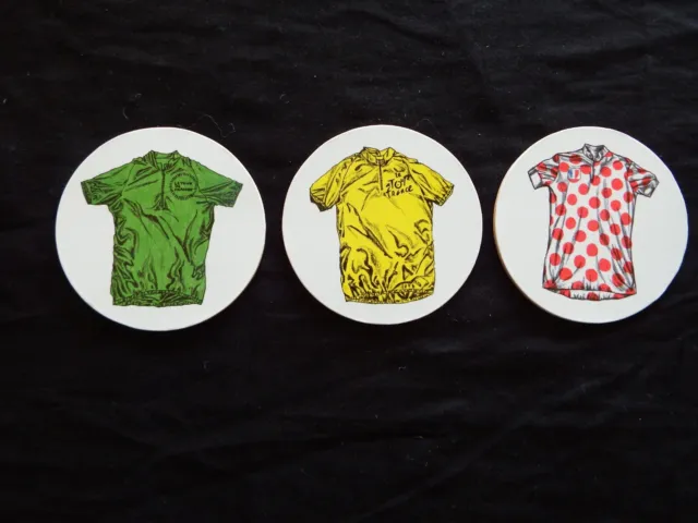 Juego de 3 camisetas del Tour de Francia ilustraciones bebidas redondas posavasadas D. 10 cm