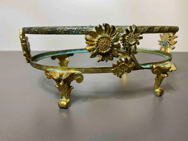 Vintage Brass Oval Vanity Clawfoot Soap Dish Rack Ornate Victorian Sunflowers