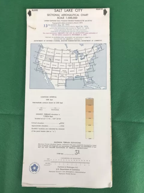 Vintage 1975 Salt Lake City Sectional Aeronautical Aviation Chart  Map,  13th Ed