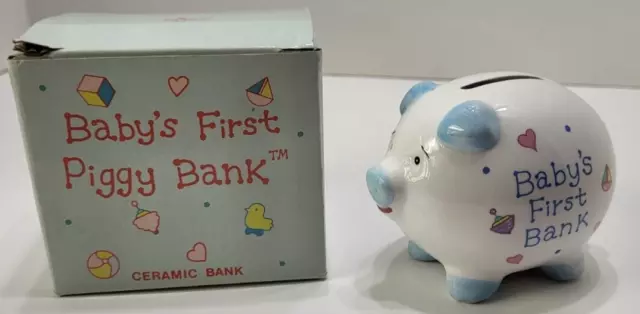 Vintage Russ Baby's First Piggy Bank Blue Ceramic Pig Coin Bank