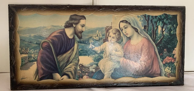 Très Beau tableau En Bois Représentant Dieu Jésus-Christ Et Marie