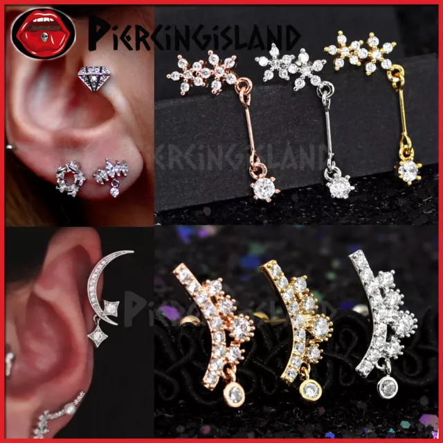 Crystal Moon Flower Ear Climber Cartilage Helix Stud Ring Bar Piercing Earring