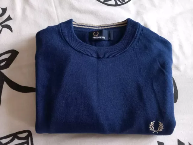 Fred Perry Knitted Crew Neck Jumper - Blue Size S - Mod 60s Casuals