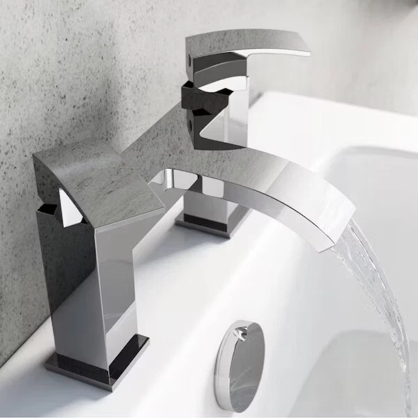 Luxury Bathroom Waterfall Square Chrome Bath Filler Shower Mixer Tap Brass Set