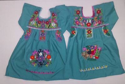 Mexican Girls Kid Dress Green /w Multi Colored Embroidered flowers 1T-3T