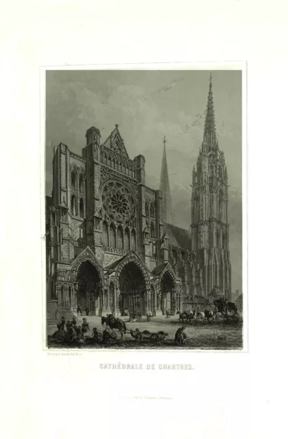 FRANCE: Carrosses devant la Cathédrale de CHARTRES au 19eme siècle-Gravure du 19 2