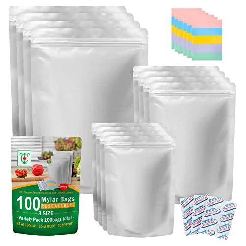 100pcs Resealable Mylar Bags - Large Food Storage Bags with Oxygen Absorbers