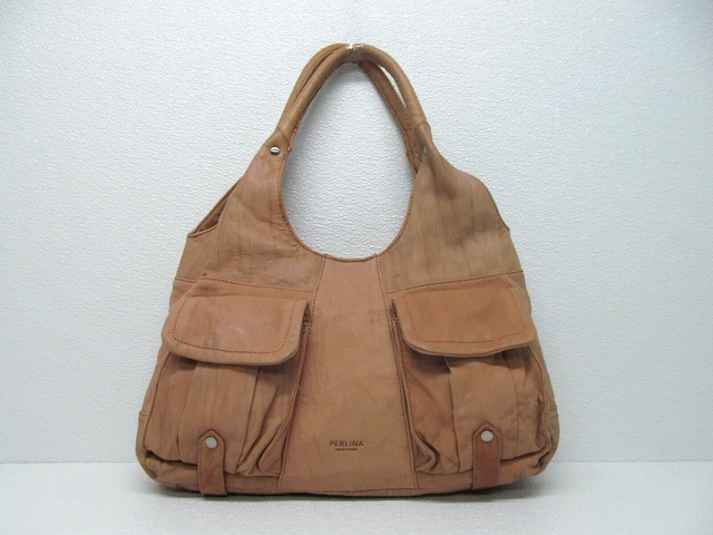 Perlina New York Tan Leather Satchel Shoulder Bag Tote Handbag