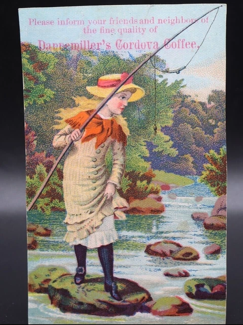 Dannemiller's Cordova Coffee Antique Advertising Trade Card Lady Fishing A4