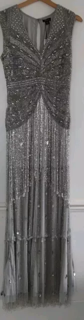 Karen Millen Embellished Beaded Woven Maxi Dress Silver UK 12 EU 40 US 8