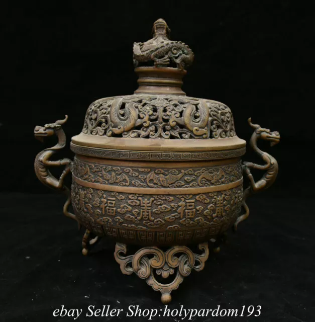 9.2" Marked Old Chinese Bronze Dynasty Dragon Ear Lid incense burner Censer