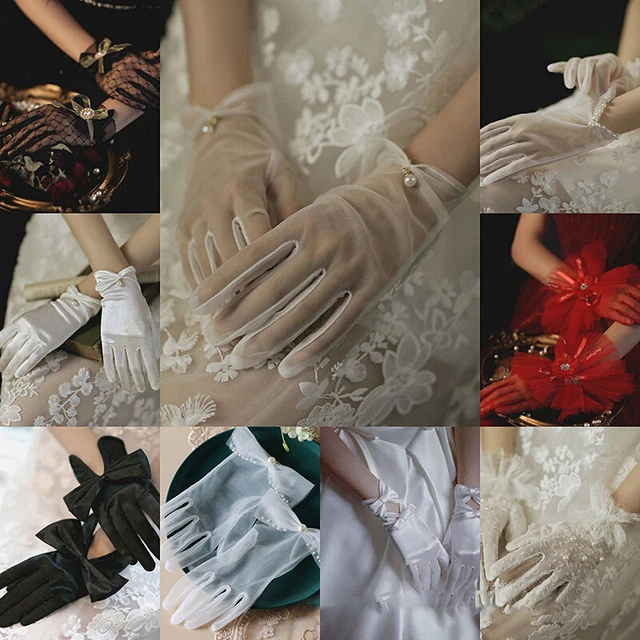 Guanti da sposa chiffon alta qualità bianco fiocco corto dito perla donna sposa-D_
