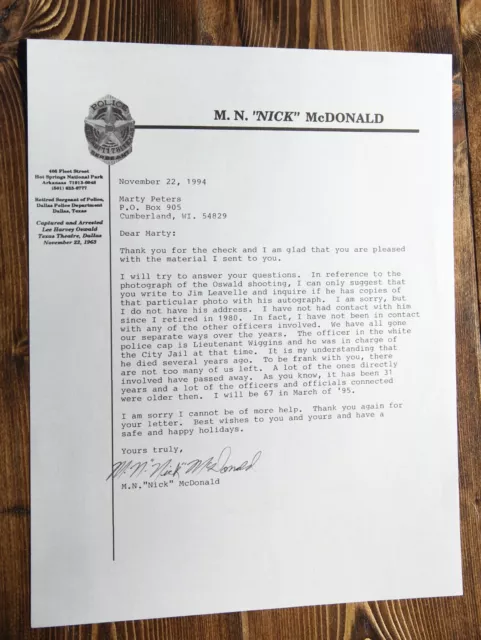 M.N. "Nick" MCDONALD OFFICER WHO ARRESTED LEE HARVEY OSWALD JFK ASSASSINATION