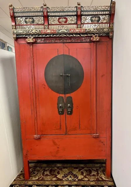 19th Century Antique Red Lacquer Chinese Wedding Cabinet Armoire Wardrobe