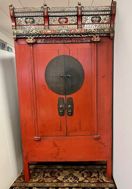 19th Century Antique Red Lacquer Chinese Wedding Cabinet Armoire Wardrobe