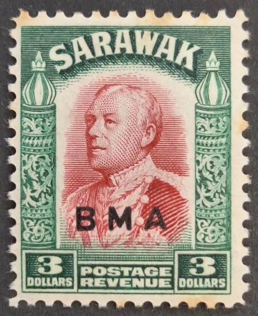 Sarawak 1945, "B.M.A" $3 carmine & green Stamp Optd. Mh (toning)