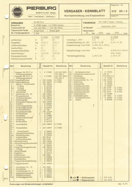 Datenblatt Einstelldaten Solex 34 PICT-4 / 34PICT4 Vergaser - VW Käfer 1303S