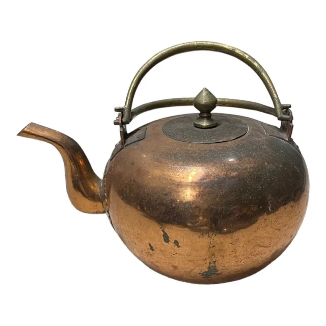 Vintage Antique Chinese Export Copper & Brass Engraved Kettle Tea Pot 5"H x 7”W