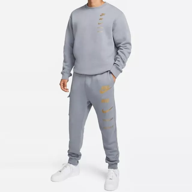 Nike Air Mens Tracksuit Sportswear Grey Crewneck Logo Fleece Joggers Sweatpants